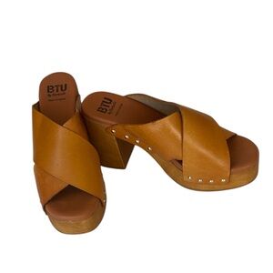 BTU Bertuchi made in Spain leather criss-cross w/ wooden platform wedge,41=10/11